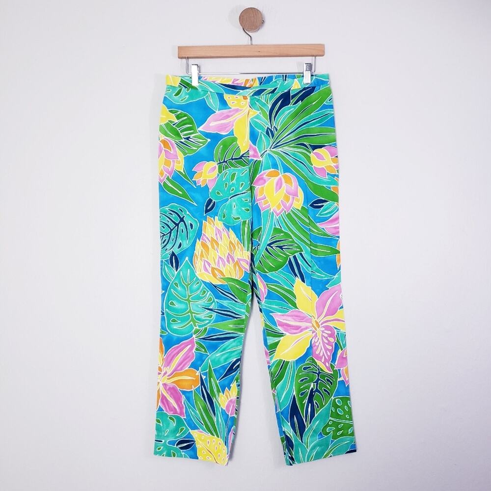 Vintage 90s Ralph Lauren Tropical Print High Waist Capri Pants Floral Blue 10